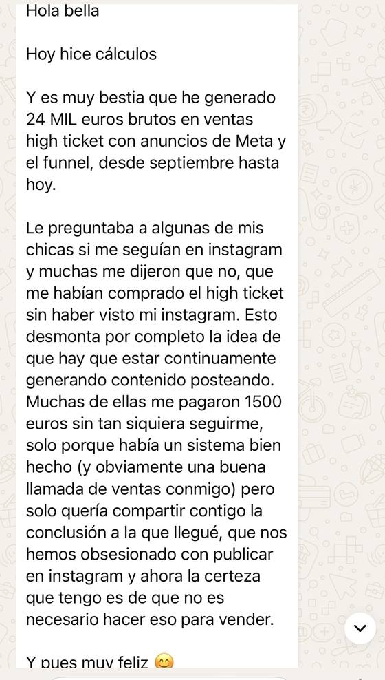 Mensaje de una alumna: 24 mil euros brutos en ventas high ticket