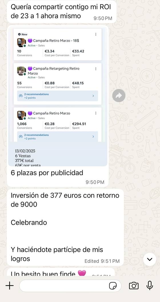 Mensaje de una alumna con su retorno de inversión de 23 a 1