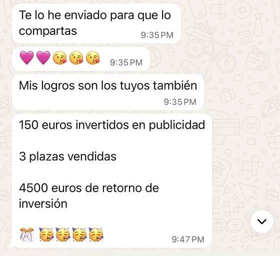 Mensaje de una alumna: 150 euros en publicidad, 3 plazas vendidas, 4.500 euros de retorno