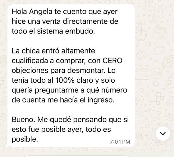 Mensaje de una alumna: una venta directa desde el sistema de embudo