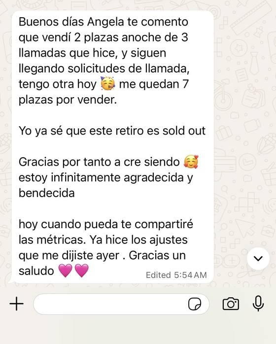 Mensaje de una alumna: vendió 2 plazas de 3 llamadas