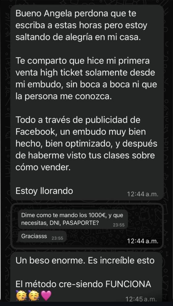 Mensaje de una alumna: su primera venta high ticket desde el embudo