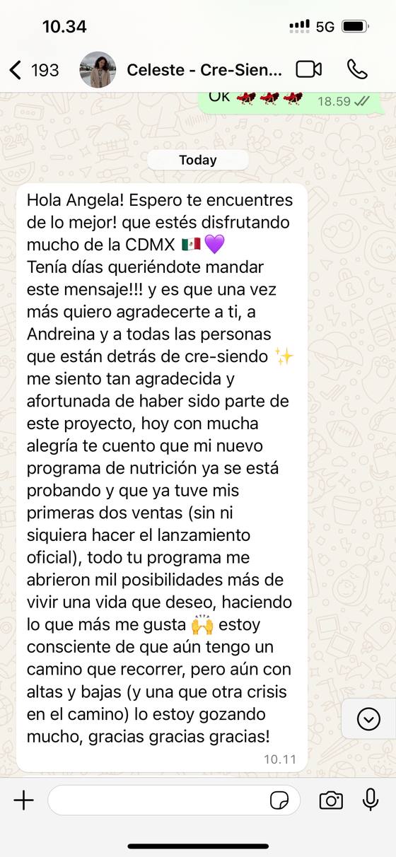 Mensaje largo de una alumna agradeciendo su lanzamiento