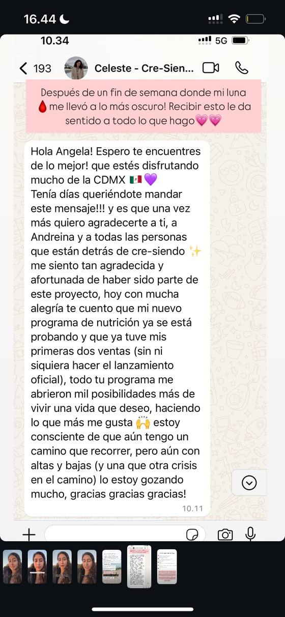 Mensaje de una alumna después de su primer mes