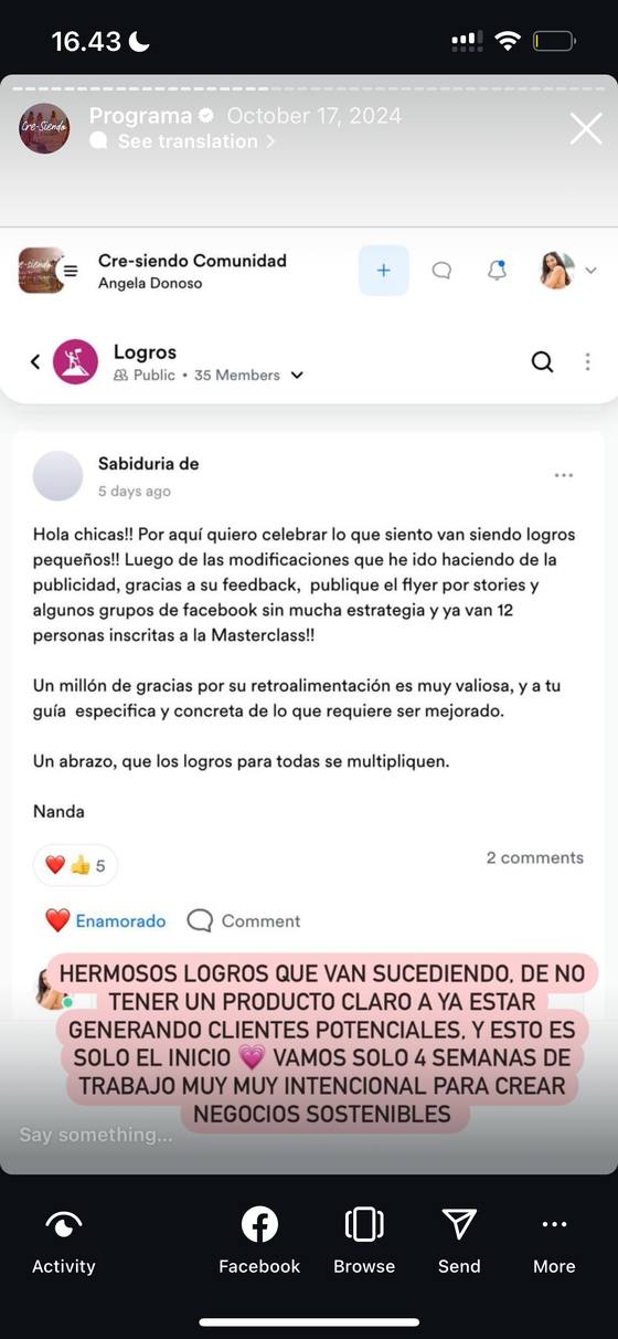 Publicación de la comunidad de Cre-Siendo con los logros de la semana