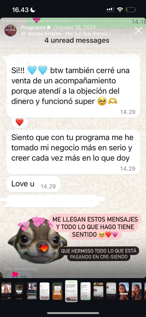 Mensaje de una alumna que cerró una venta de acompañamiento